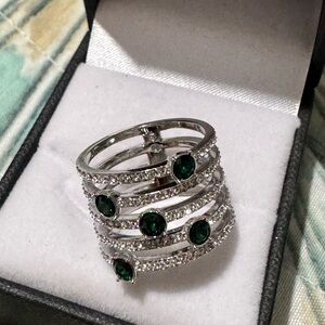 Swarovski Silver Multi-Row Ring with Deep Green Stones